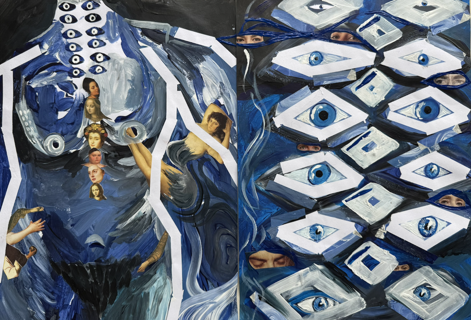 Blue Nudes I, a blue mixed-media painting with figures, eyes, and collage elements.