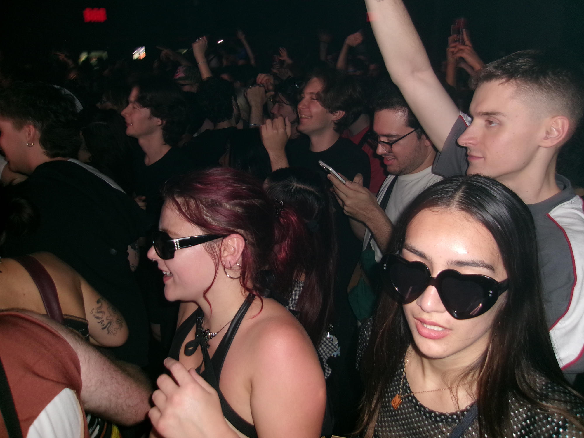 Friends gathered together in a concert crowd.