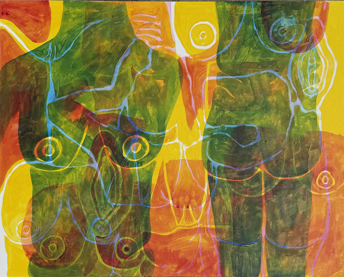 Abstract mixed-media painting of overlapping body forms and organic shapes in yellow, green, red, and blue.