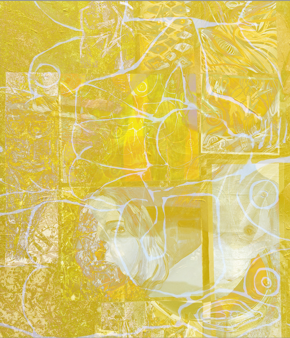 Layered yellow and white abstract mixed-media artwork with organic shapes and collage-like details.
