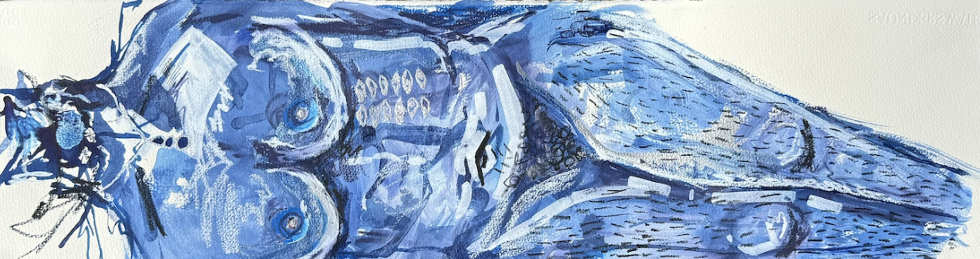 Blue-toned painting of two intertwined figures with expressive brushwork.