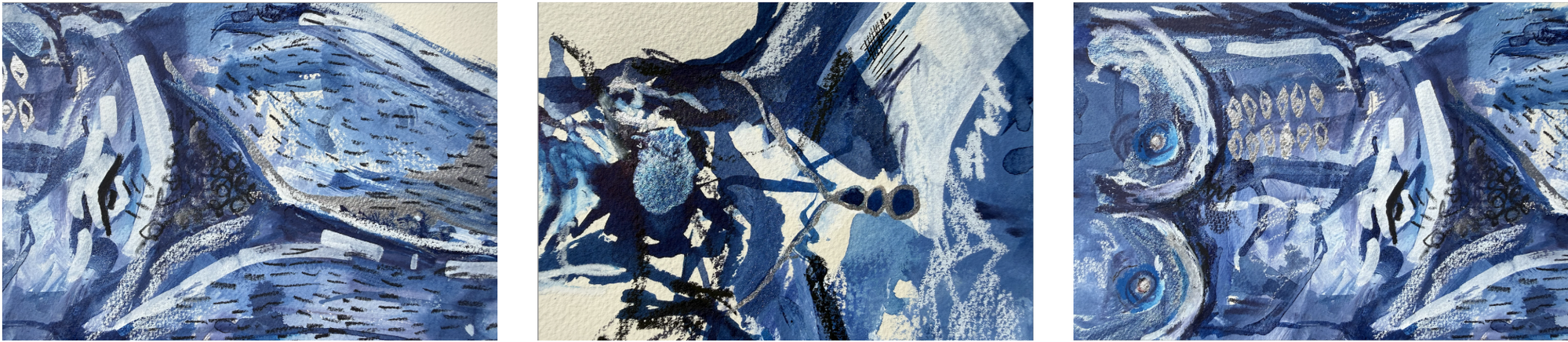 Three blue-toned paintings from the Staring Contest series.