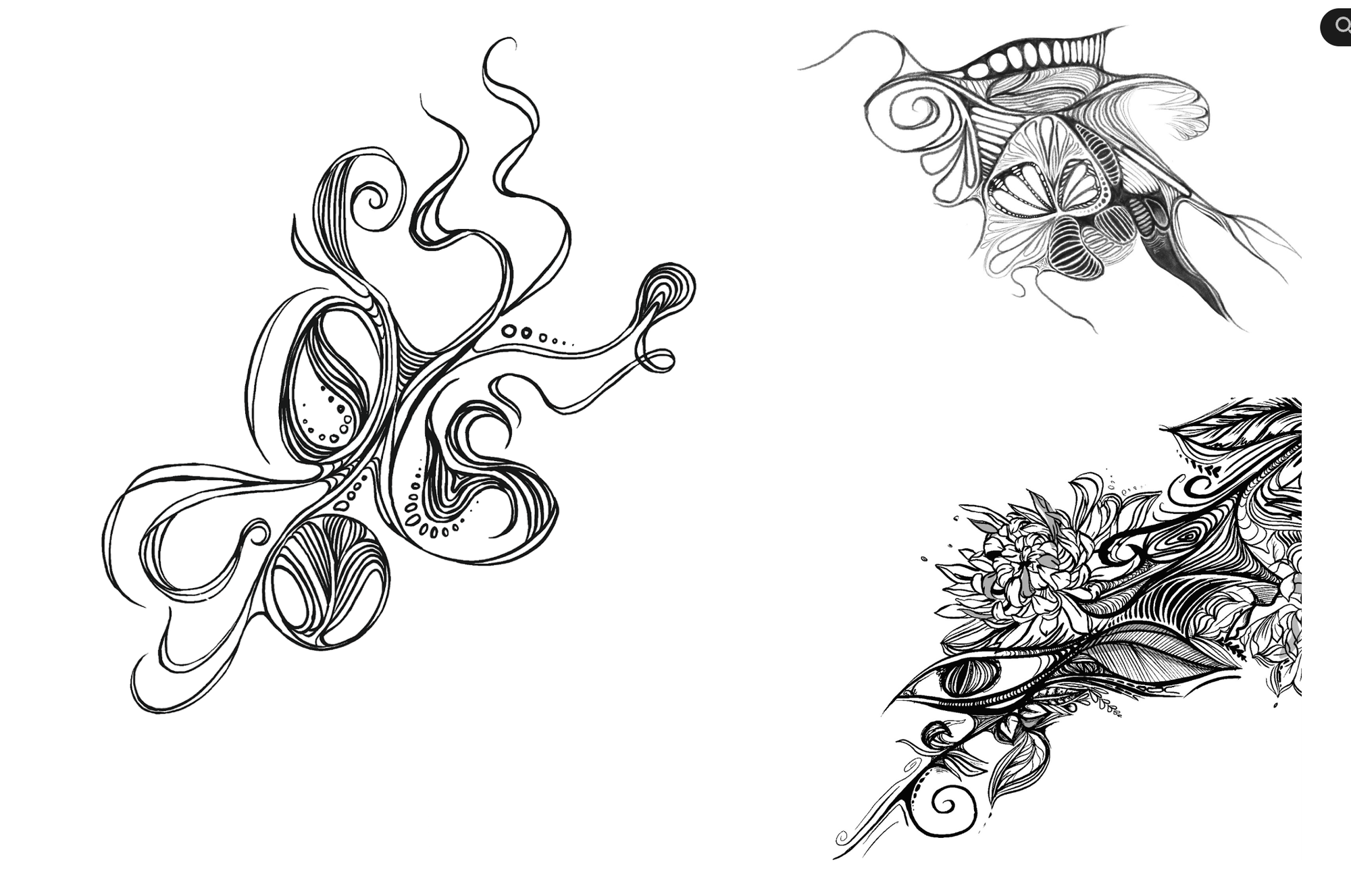 Black linework tattoo flash designs on a white background.